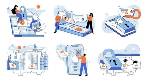 Information privacy. Cyber security systems defend networks and systems from Stock Illustration