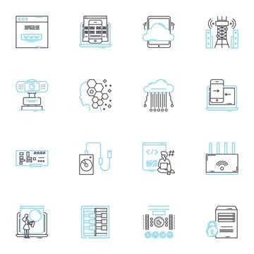Information processor linear icons set. Processor, Computer, Data, Software Illustrazione stock
