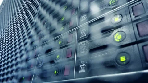 Information recording process. Blinking bulbs on hard drives in a server cabinet Stock Footage 156820132