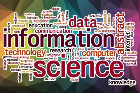 Information science word cloud with abstract background Stock Illustration