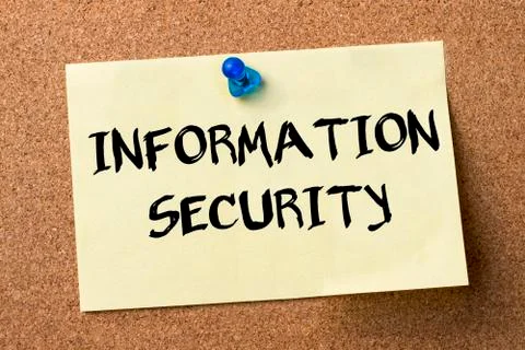 INFORMATION SECURITY - adhesive label pinned on bulletin board Stock Photos