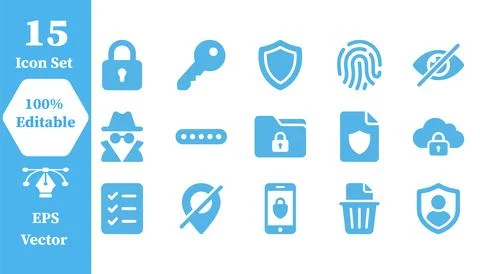 Information security and data privacy icon set with security, protection Stock Illustration