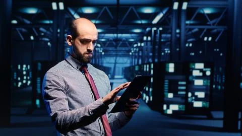 Information security officer working in data center 스톡 사진
