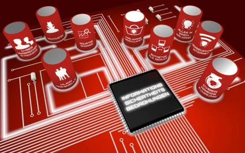 Information security threats circuit board german Stock Illustration