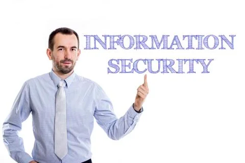 INFORMATION SECURITY - Young businessman with small beard pointing up in bl.. Stock Photos