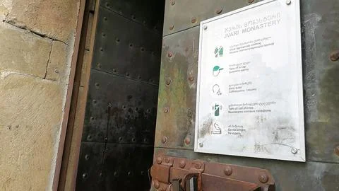 Information sign with dress code rules at the entrance of Jvari Monastery  스톡 사진