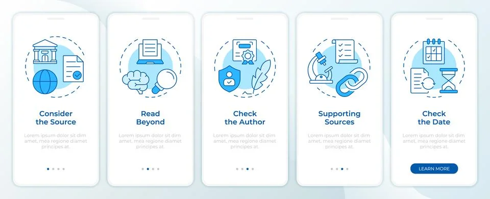 Information source analysis blue onboarding mobile app screen Stock Illustration