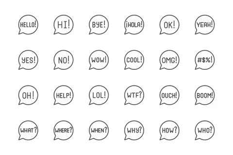 Information speech bubble flat line icons set. Wow, yes, no, omg, curse words Stock Illustration
