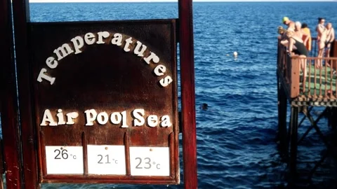Information stand on the resort beach showing air and water temperature Stock Footage 317548791