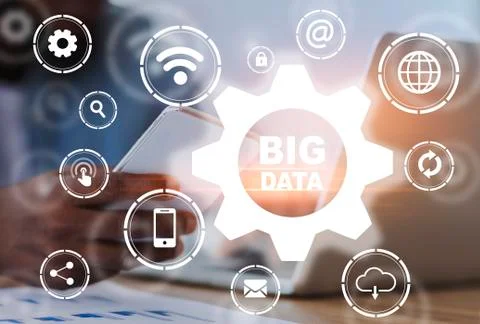 Information Storage Systems. Big Data Inscription In Gear Sign And Different Stock Photos