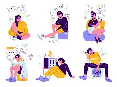 Information stress people. Endless data flow, tired characters with spam icons Illustrazione stock