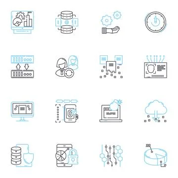 Information system linear icons set. Database, Integration, Analytics, Access Stock Illustration
