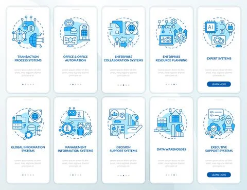 Information systems application blue onboarding mobile app screen set Stock Illustration