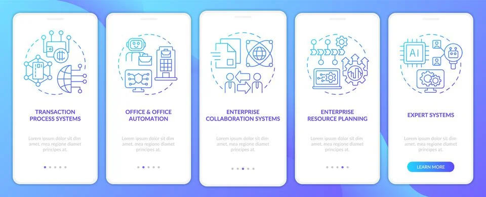 Information systems kinds blue gradient onboarding mobile app screen Ilustração Stock