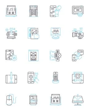 Information systems linear icons set. Database, Analytics, Nerking, Cloud Stock Illustration