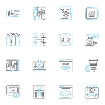 Information systems linear icons set. Database, Analytics, Automation Illustrazione stock