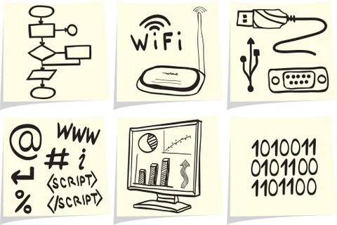 Information technology and internet sketch icons on yellow memo sticks Stock Illustration