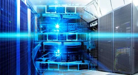 Information technology collage of data center with racks  equipment and cables 스톡 사진