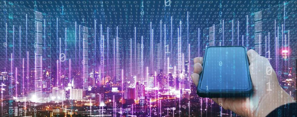 Information technology concept. A man's hand uses a smartphone to create, p.. Illustrazione stock