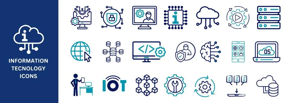 Information Technology Icon Set. Network security, cloud computing, big data. 스톡 일러스트