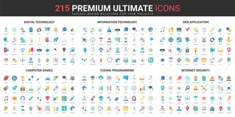 Information technology, internet color flat icons set, cyber security, computer Illustrazione stock