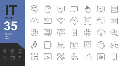 Information Technology Line Editable Icons set. 库存插图