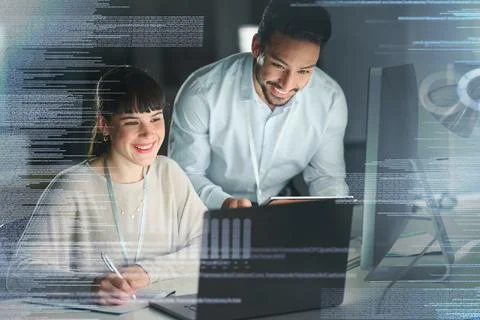 Information technology, overlay and team on laptop for digital marketing Stock Photos