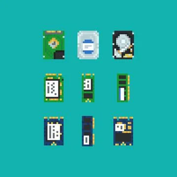 Information technology pixel art icons set. Robot arm. Brain and cerebrum Stock Illustration