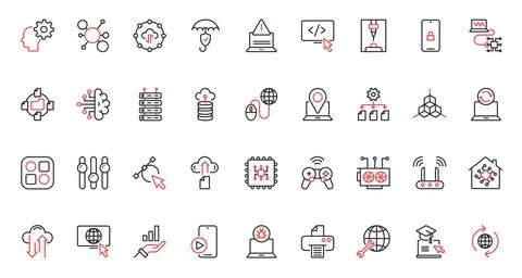 Information technology trendy red black thin line icons set, internet network 스톡 일러스트
