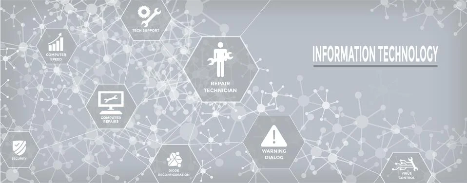 Information technology Web Header Banner with Wrench, Repairman, computer ico Stock Illustration