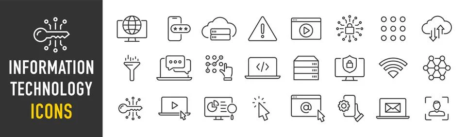 Information Technology web icon set in line style. Network, web design, web.. Stock Illustration