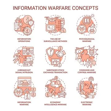Information warfare red concept icons set Stock Illustration