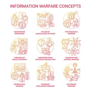 Information warfare red gradient concept icons set Stock Illustration