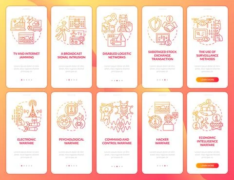 Information warfare red gradient onboarding mobile app screen set Stock Illustration