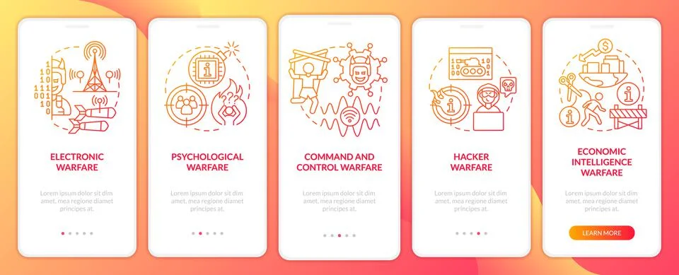 Information warfare subareas red gradient onboarding mobile app screen Stock Illustration