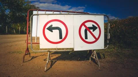 Information warning one way up arrow.Stop no left way.Signboard traffic symbo Stock Photos