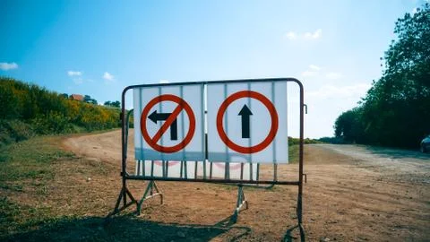 Information warning one way up arrow.Stop no left way.Signboard traffic symbo Stock Photos
