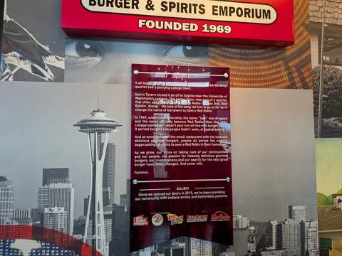 Informational display inside Red Robin restaurant tells the company's history Stock Photos