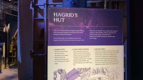 Informational display panel of Hagrid's hut inside the Harry Potter Studio Tour Video stock 323918793