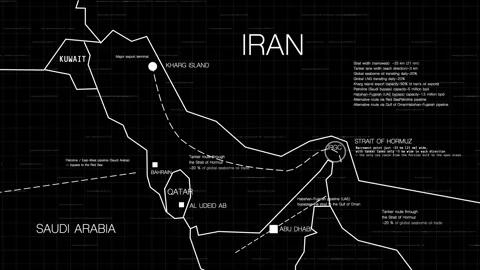 An informational geopolitical map graphic highlighting the Strait of Hormuz Stock Footage 341926567