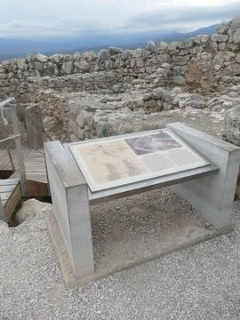 Informative sign showing map and explanation of Mycenae, an archaeological .. Stock Photos