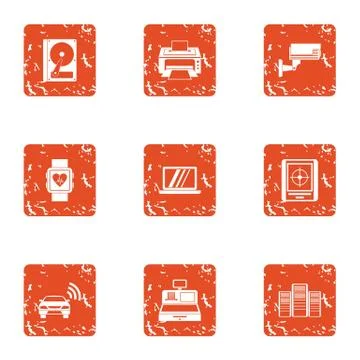 Informatization icons set, grunge style Stock Illustration