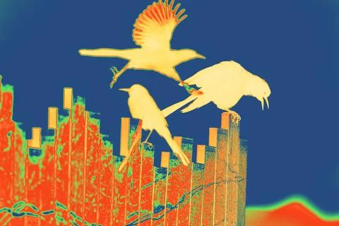 Infrared Grackles on Fence with Gradient Map Artistic Effect Animal Bird Mo.. Stock Illustration