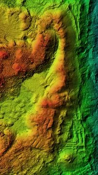 Infrared gradient map with silhouette of high mountains. 3D relief map. Dig.. Stock Photos