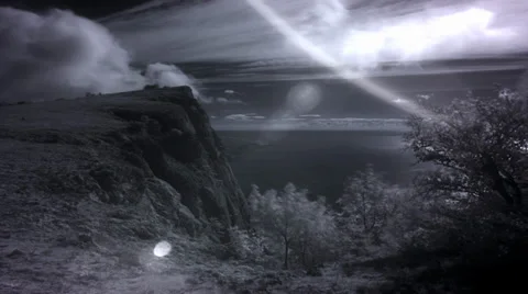 InfraRed landscape: Movement of the clouds on the mountain (TimeLapse) FULL HD Stock Footage 32008070