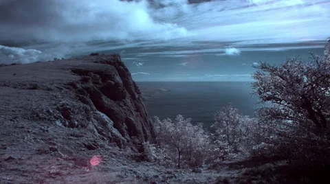 InfraRed landscape: Movement of the clouds on the mountain (TimeLapse) FULL HD Stock Footage 32008087