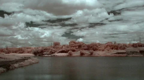 InfraRed landscape: Movement of clouds over the reservoir. Donetsk, Ukraine, Stock Footage 39884697