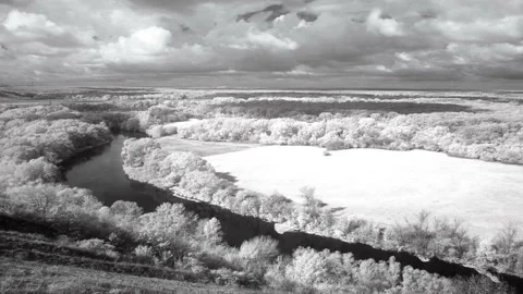 InfraRed landscape: Movement of clouds over the river Seversky Donets. FULL HD Stock Footage 95524342
