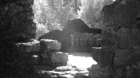 Infrared Shot Of Ancient Stone Wall Ruins And Arches In Forest Stock-Footage 330920122