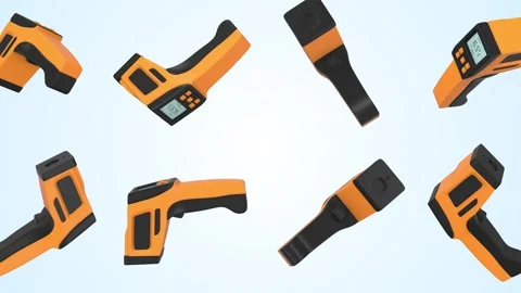 Infrared Thermometers Falling on a Light Blue Background. Temperature Gun 3D. 4K Stock Footage 309320380